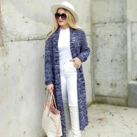 Long Navy Blue Knit Cardigan - Picture 6 of 7